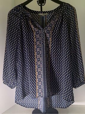 Anthropologie Navy Printed Peasant Blouse
